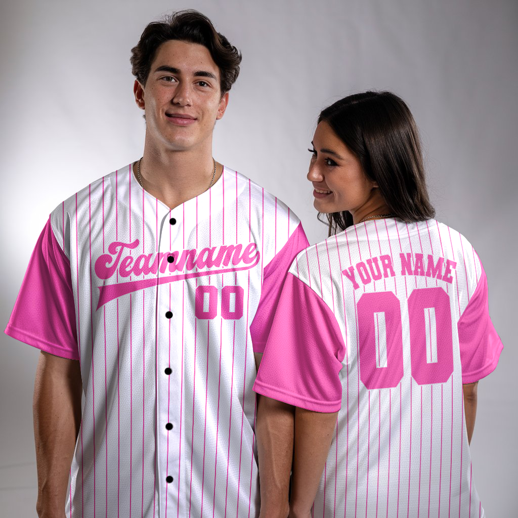 Custom White - Pink Block, Stripe Fashion Baseball Jerseys