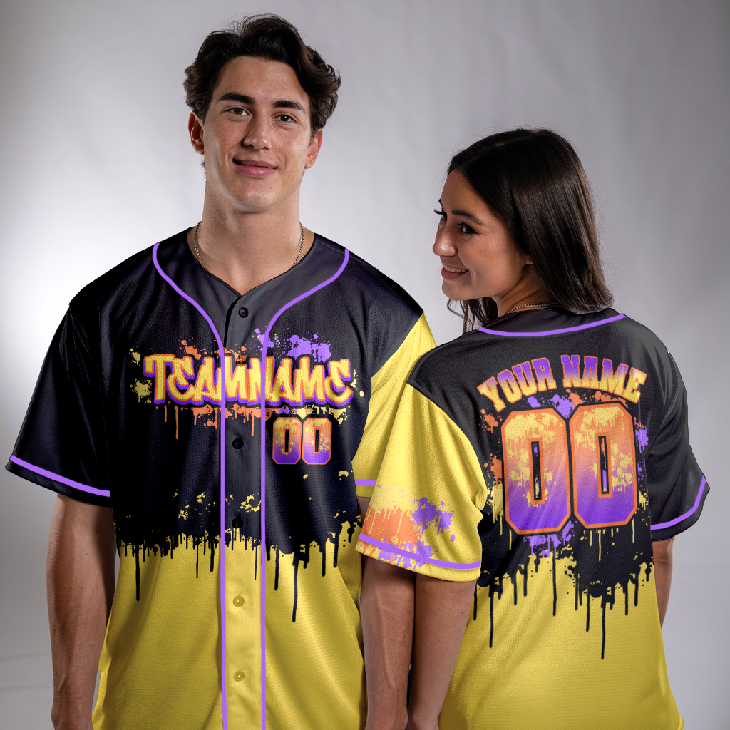 Custom Black - Yellow Gtaffiti Baseball Jerseys