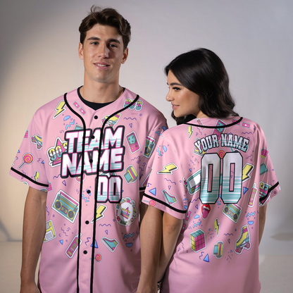 Custom Retro Pink Music Doodle Style Baseball Jersey