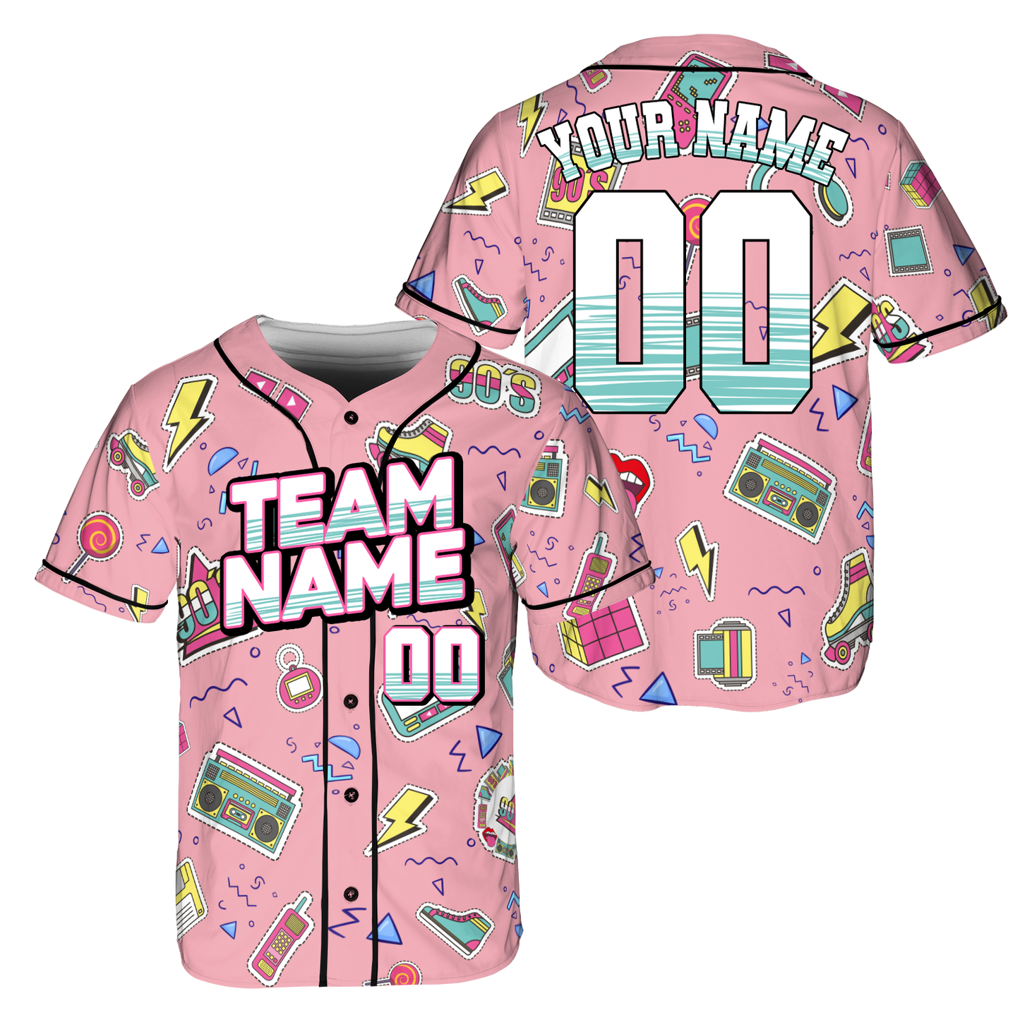 Custom Retro Pink Music Doodle Style Baseball Jersey