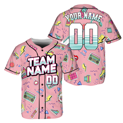 Custom Retro Pink Music Doodle Style Baseball Jersey