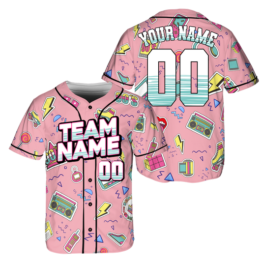 Custom Retro Pink Music Doodle Style Baseball Jersey