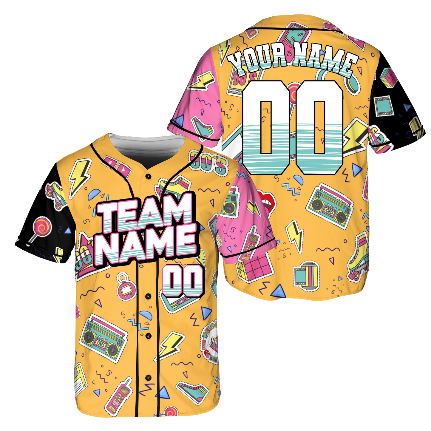 Custom Retro Yellow Music Doodle Style Baseball Jersey