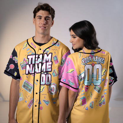 Custom Retro Yellow Music Doodle Style Baseball Jersey