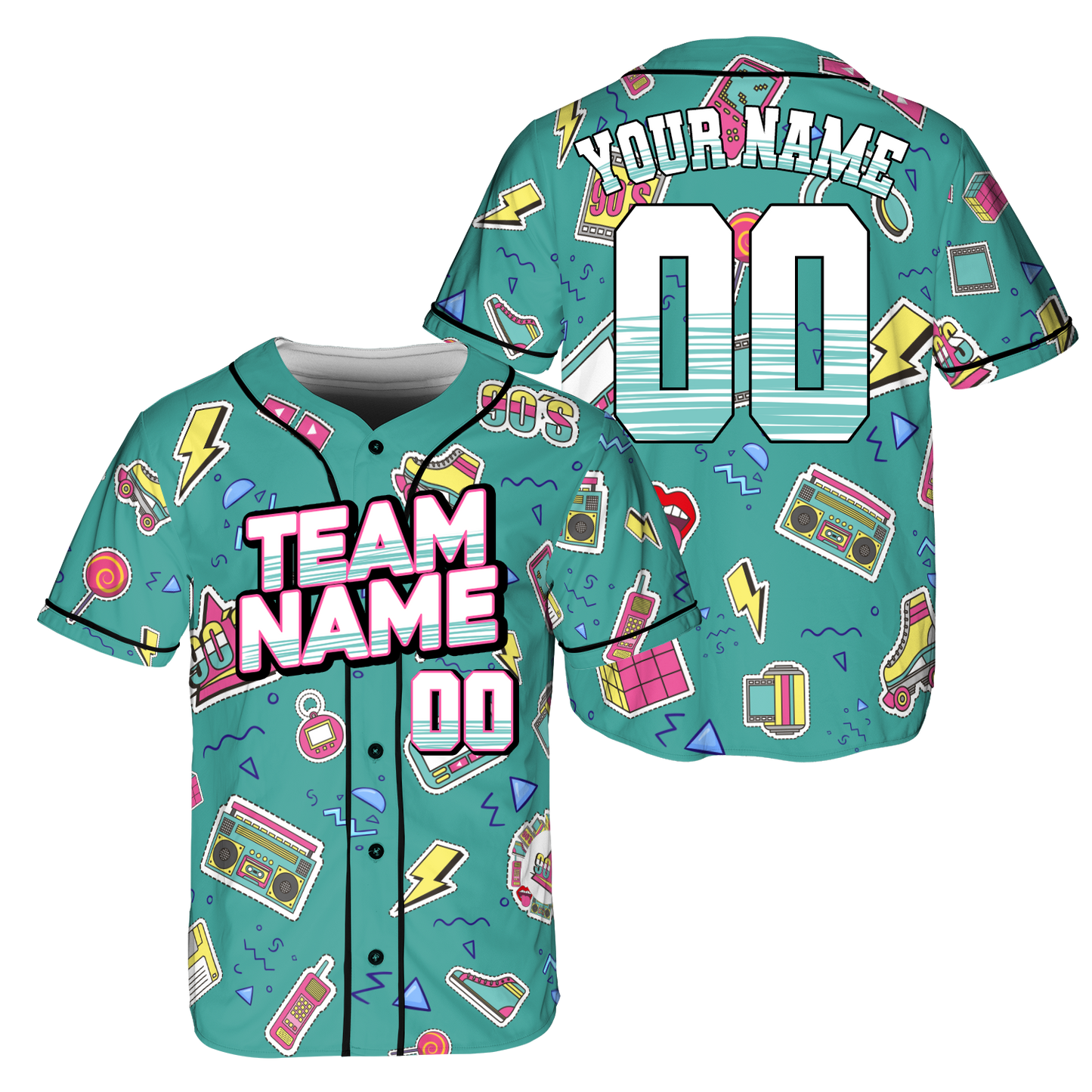 Custom Retro Green Music Doodle Style Baseball Jersey