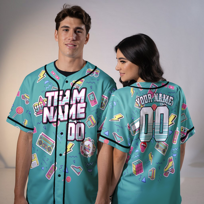 Custom Retro Green Music Doodle Style Baseball Jersey