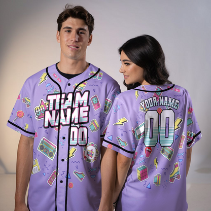 Custom Retro Purple Music Doodle Style Baseball Jersey