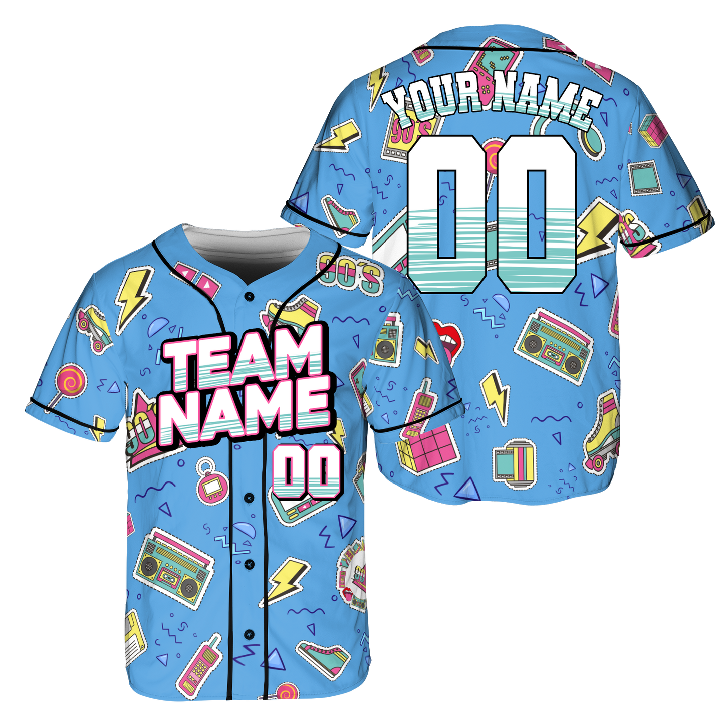 Custom Retro Blue Music Doodle Style Baseball Jersey