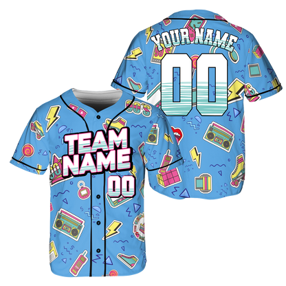 Custom Retro Blue Music Doodle Style Baseball Jersey