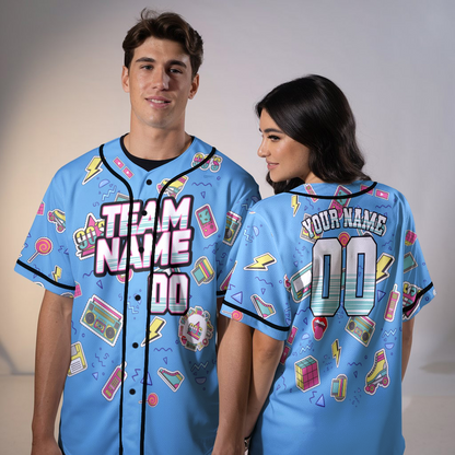 Custom Retro Blue Music Doodle Style Baseball Jersey